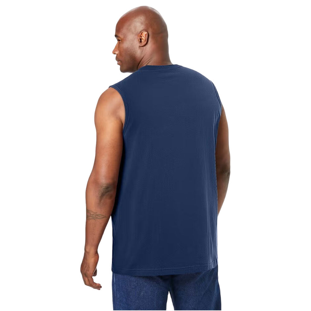 Plus-size Shrink-Less™ muscle T-shirt with a relaxed fit, taped seams, and shrink-resistant cotton fabric for all-day comfort.