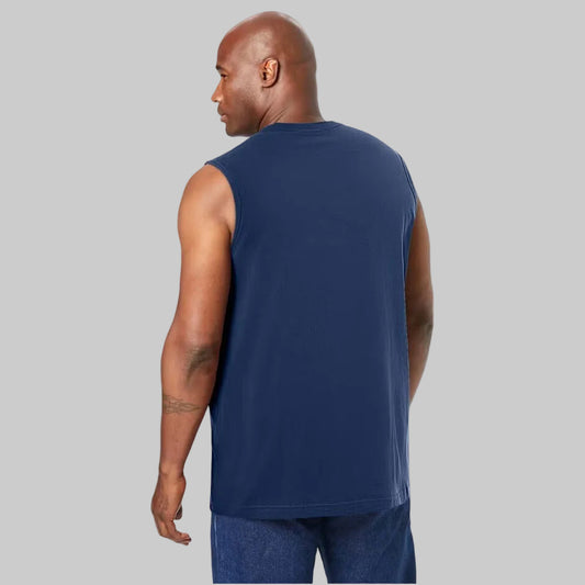 Plus-size Shrink-Less™ muscle T-shirt with a relaxed fit, taped seams, and shrink-resistant cotton fabric for all-day comfort.