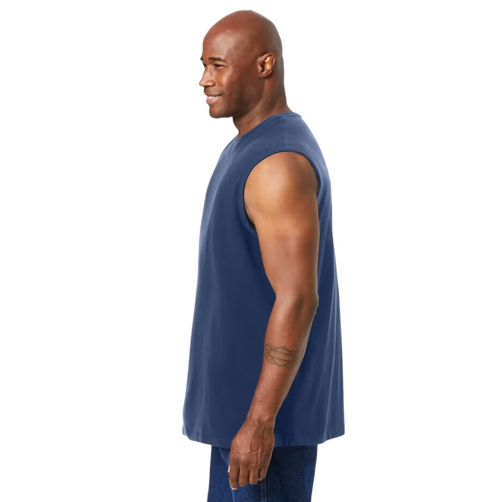 Plus-size Shrink-Less™ muscle T-shirt with a relaxed fit, taped seams, and shrink-resistant cotton fabric for all-day comfort.