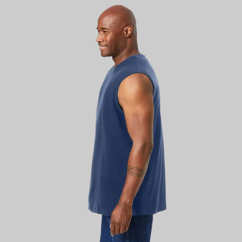 Plus-size Shrink-Less™ muscle T-shirt with a relaxed fit, taped seams, and shrink-resistant cotton fabric for all-day comfort.
