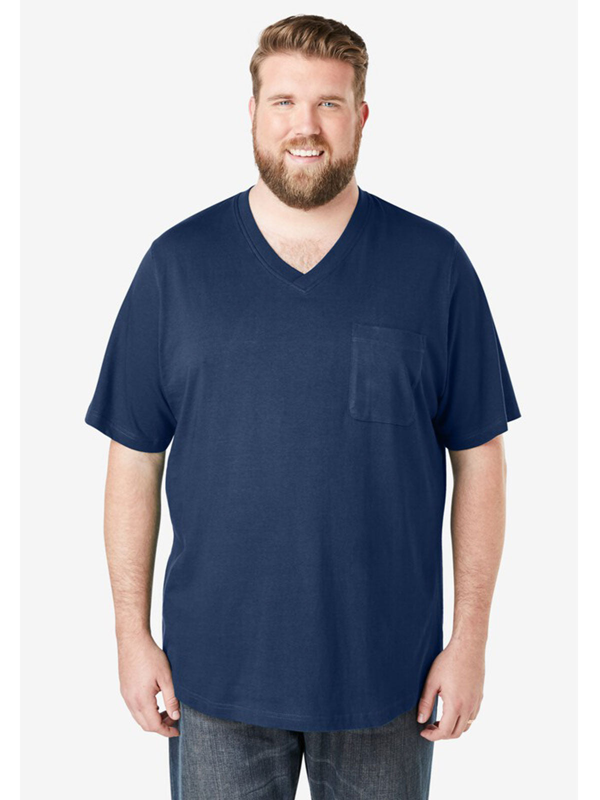 Plus-size Shrink-Less™ V-neck pocket T-shirt with a relaxed fit, taped neck seams, and durable cotton fabric that won’t shrink in the dryer.
