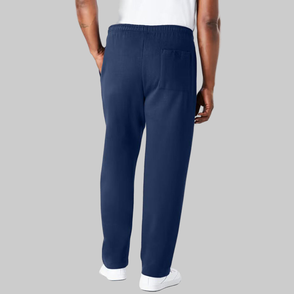 Navy blue fleece open-bottom trouser for big & tall men with drawstring waist and pockets displayed on a studio background.