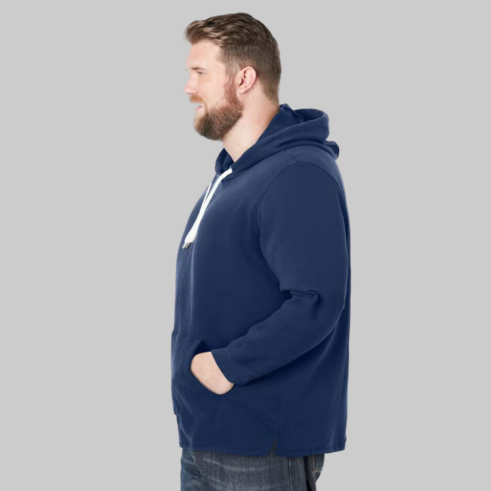 Navy blue long-length fleece pullover hoodie with white drawstring, kangaroo pocket, side vents, and ribbed cuffs — soft cotton-poly casual wear.