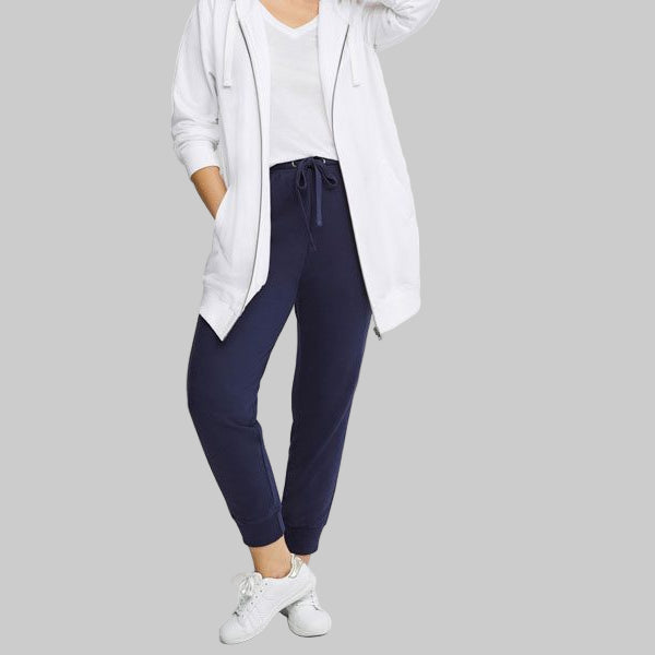 Navy Blue French Terry Sweatpants with elastic waistband, drawstring, and ribbed cuffs — soft ankle-length plus size joggers for women.