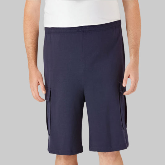 A pair of Navy Blue Jersey Big Size Cargo Shorts with a relaxed fit, soft jersey fabric, cargo pockets for storage, and an elastic waistband with a drawstring