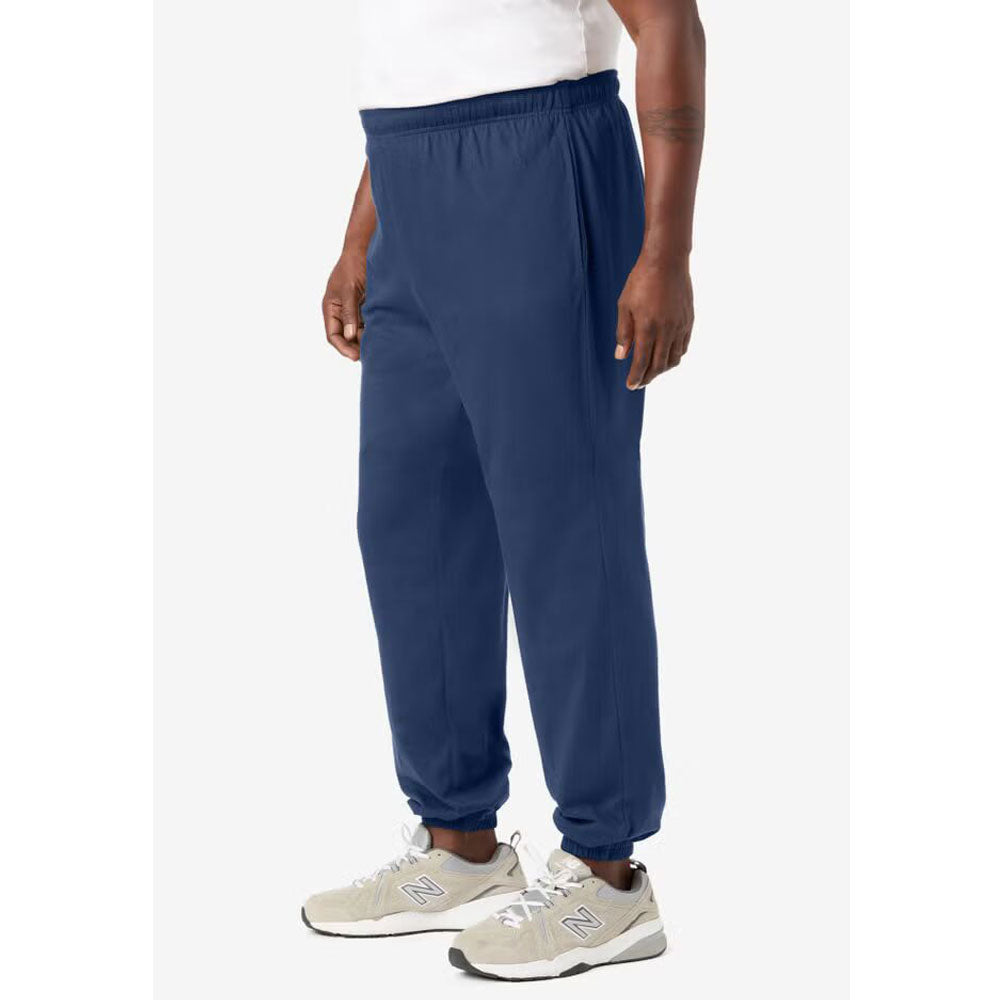 Navy blue jersey closed bottom trousers with cuffed hems and side pockets – plus-size men’s front view