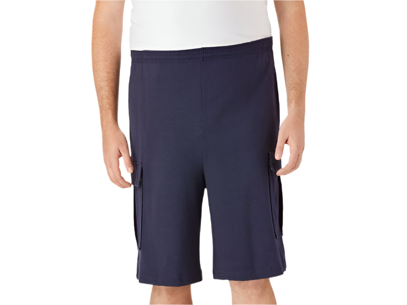 A pair of Navy Blue Jersey Big Size Cargo Shorts with a relaxed fit, soft jersey fabric, cargo pockets for storage, and an elastic waistband with a drawstring