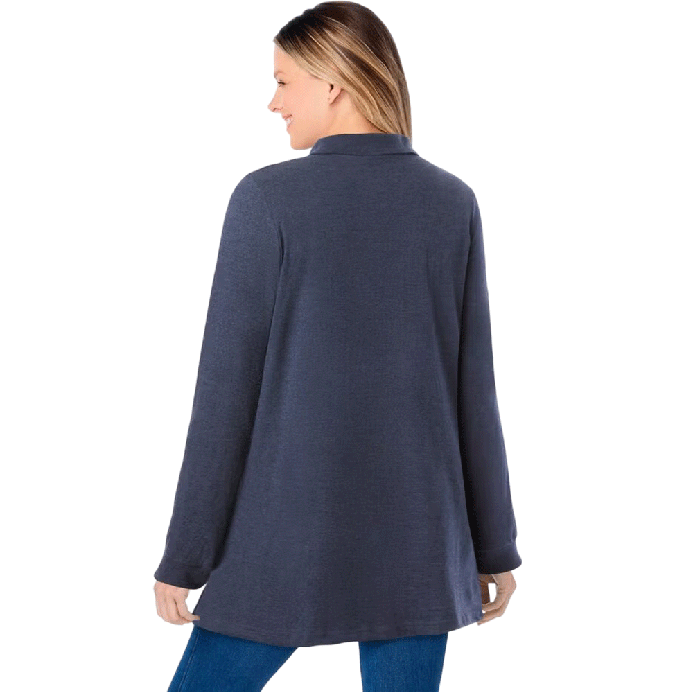 Navy blue long-sleeve polo shirt with a collar and button placket, made from soft knit fabric, shown on a plus-size mannequin.
