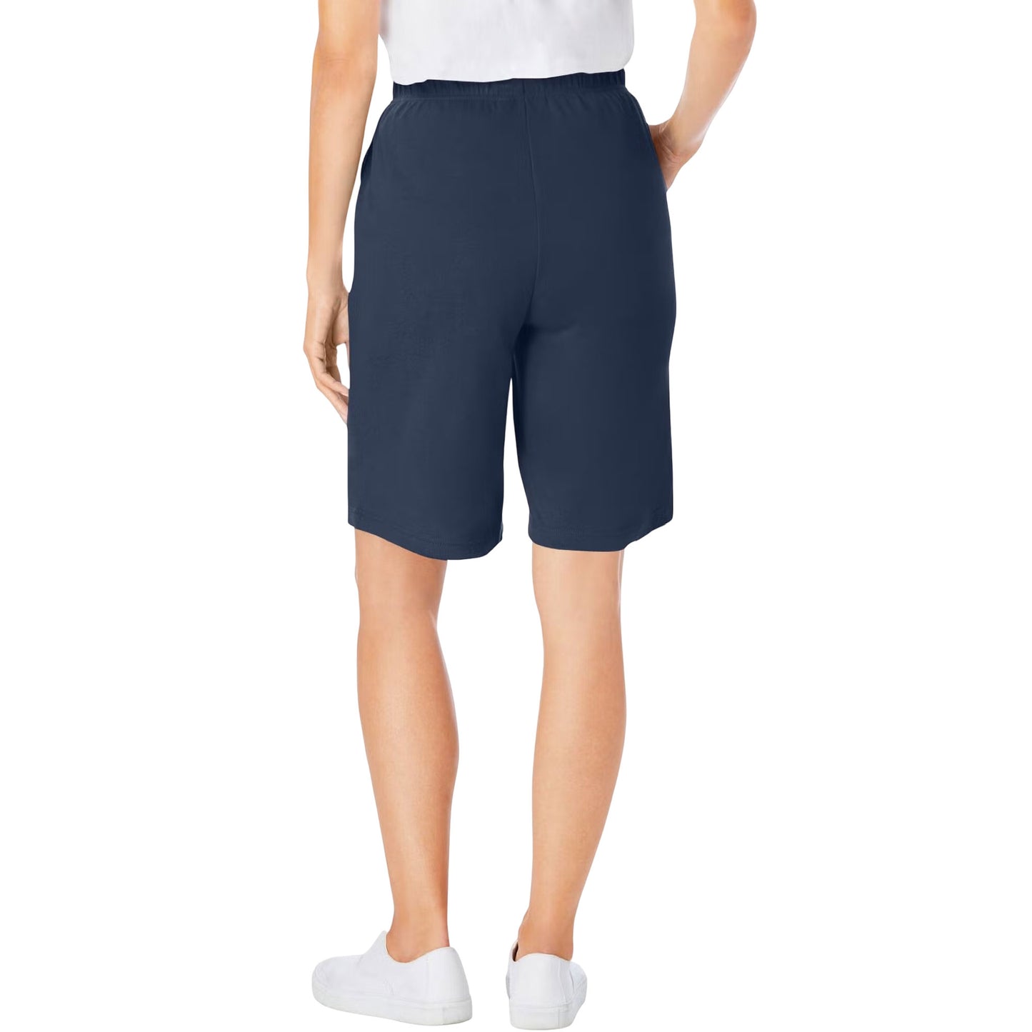 Navy blue women’s knit shorts with elastic waistband and side pockets
