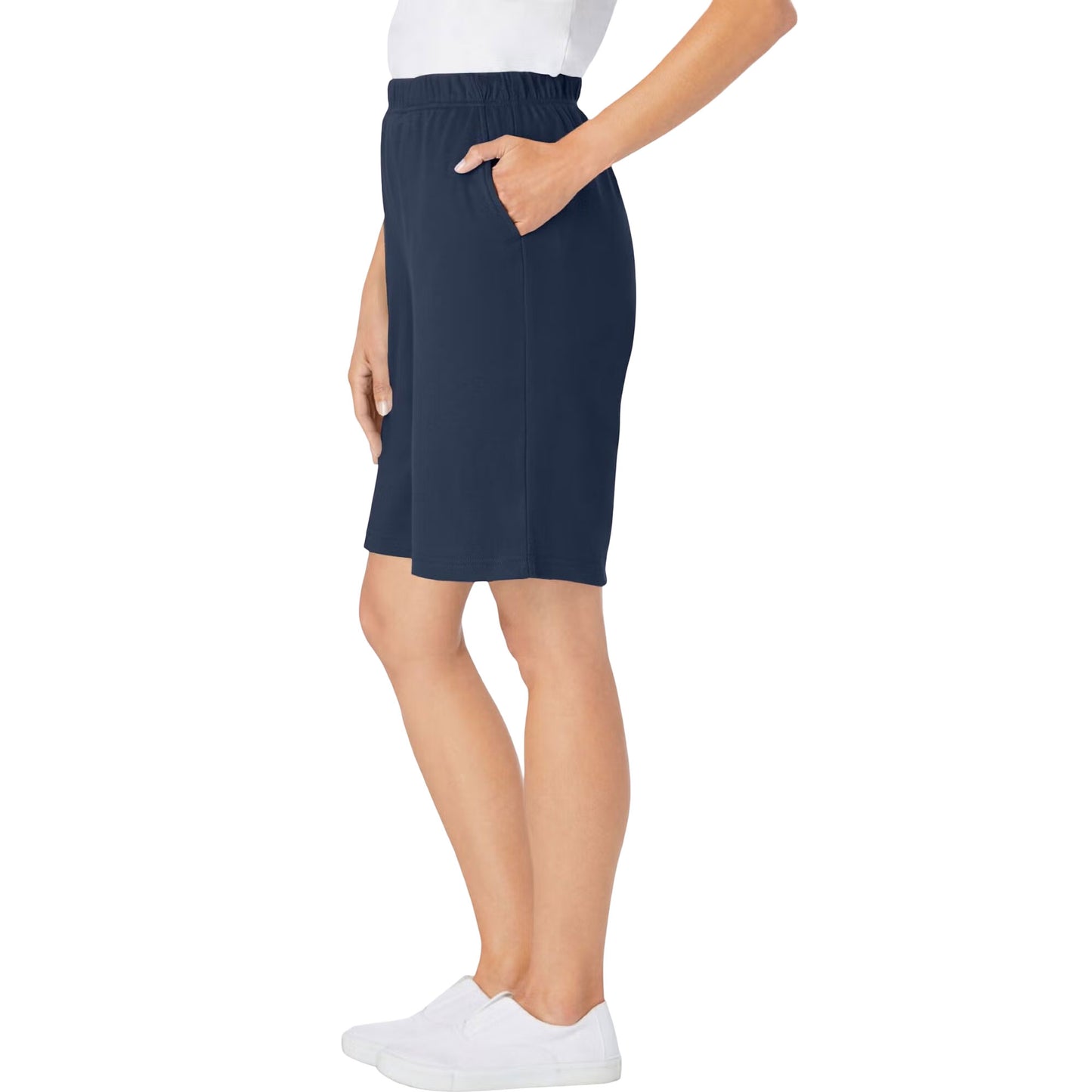 Navy blue women’s knit shorts with elastic waistband and side pockets