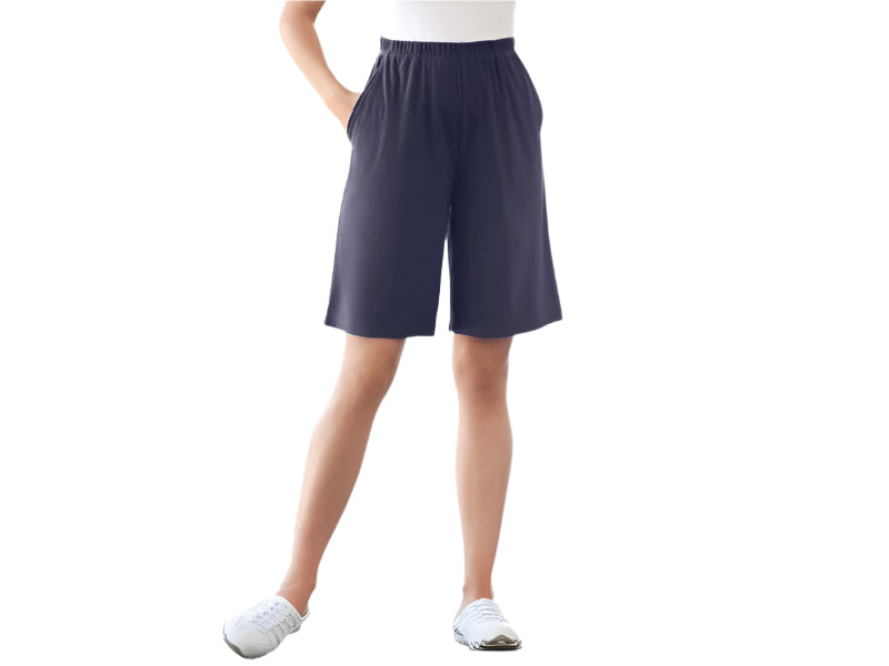 Navy blue women’s knit shorts with elastic waistband and side pockets