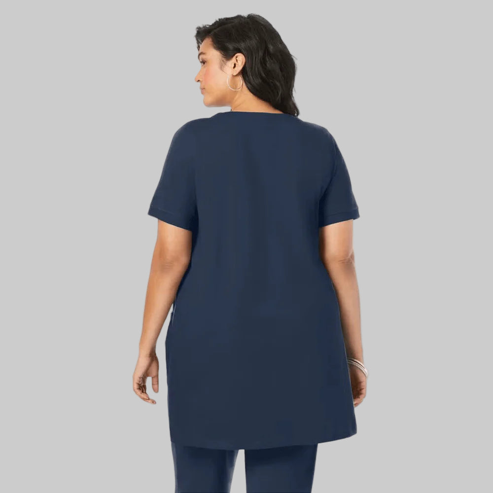 Navy Blue Plus Size Two Pocket Soft Knit Tunic with short sleeves, scoop neckline, and a relaxed fit for all-day comfort.