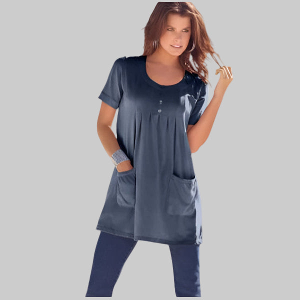 Navy Blue Plus Size Two Pocket Soft Knit Tunic with short sleeves, scoop neckline, and a relaxed fit for all-day comfort.