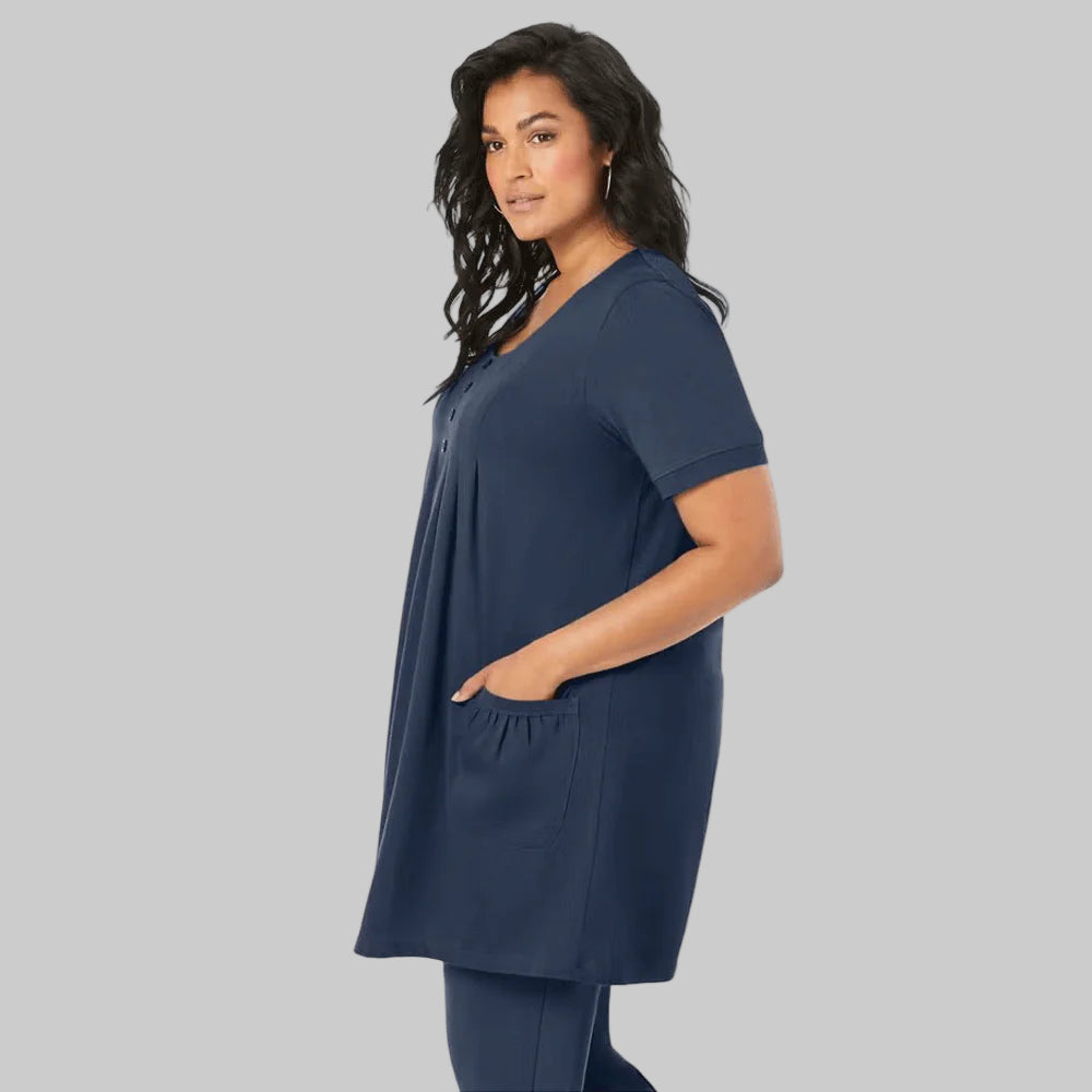Navy Blue Plus Size Two Pocket Soft Knit Tunic with short sleeves, scoop neckline, and a relaxed fit for all-day comfort.