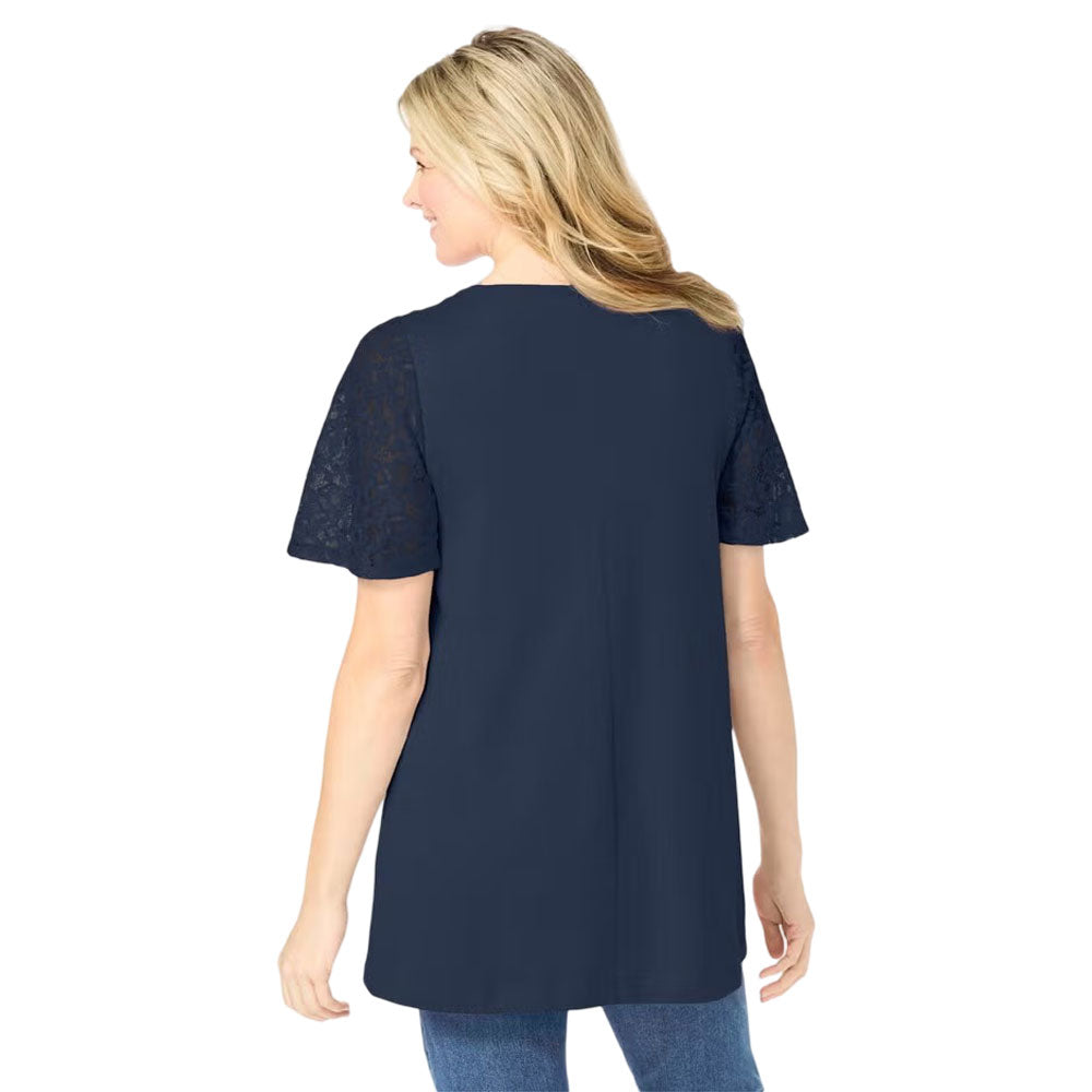 Plus-size tunic with lace flutter sleeves, a curved V-neckline, and a relaxed swingy fit. Made from a soft cotton/poly blend for comfort and style