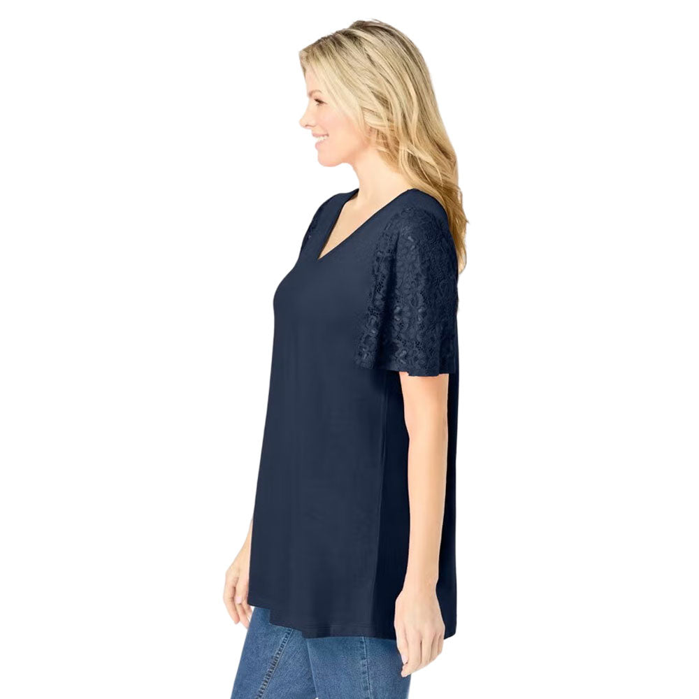 Plus-size tunic with lace flutter sleeves, a curved V-neckline, and a relaxed swingy fit. Made from a soft cotton/poly blend for comfort and style