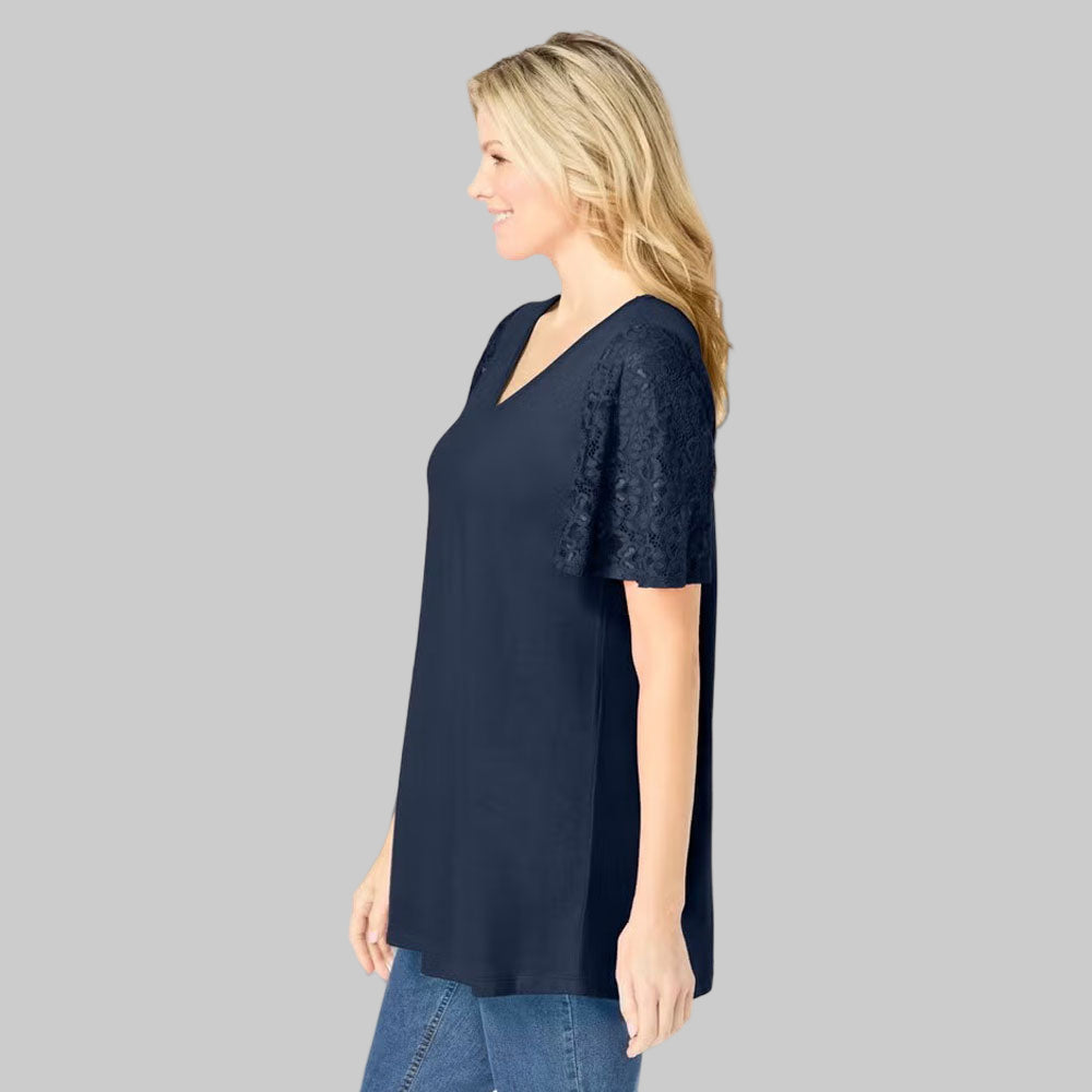 Plus-size tunic with lace flutter sleeves, a curved V-neckline, and a relaxed swingy fit. Made from a soft cotton/poly blend for comfort and style