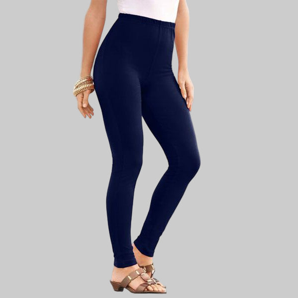 Women’s navy blue stretch cotton plus-size leggings with slim leg, ankle slits, and elastic waistband.