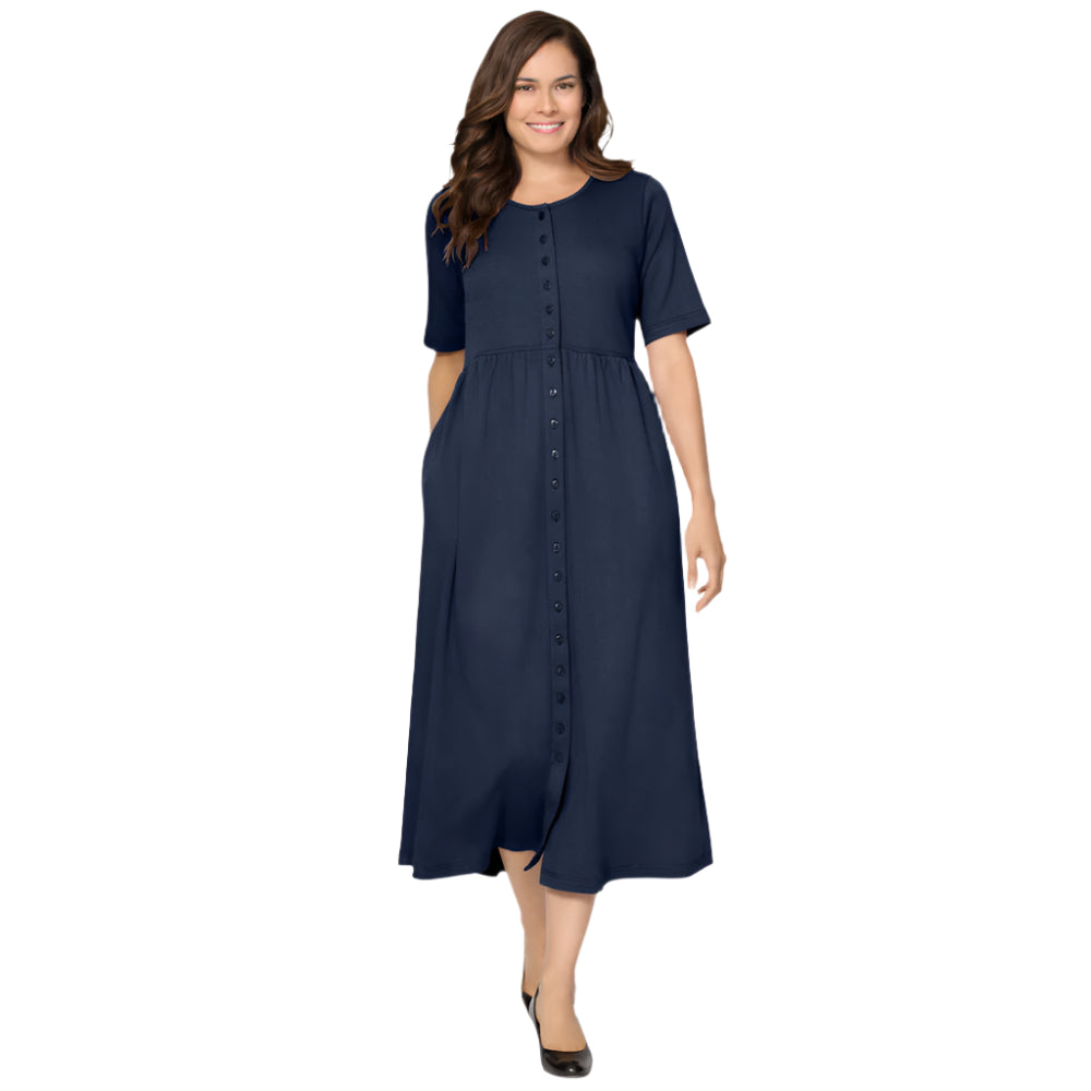 Woman wearing classic navy button-front dress with gathered waist and elbow sleeves