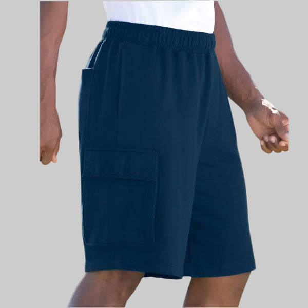 Plus-size fleece cargo shorts with a relaxed fit, elastic waistband, drawstring, and secure cargo pockets for comfort and function.