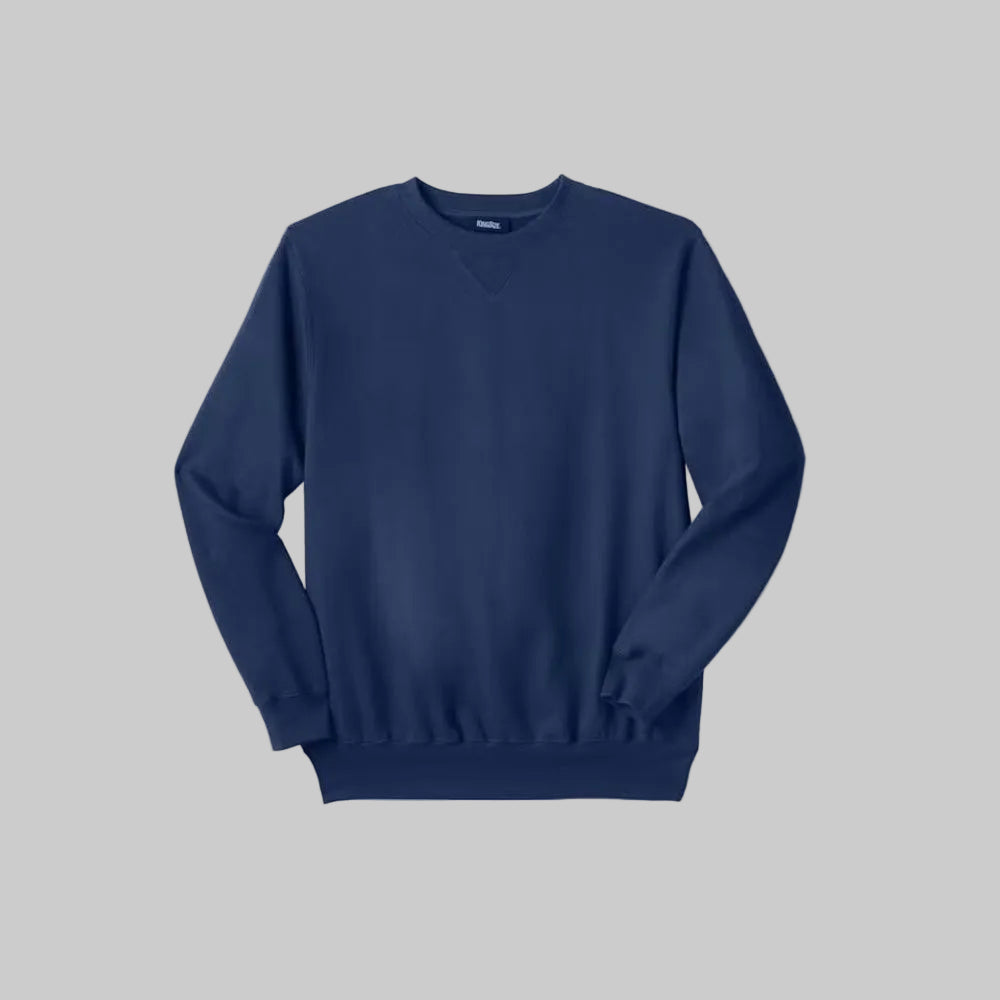 Navy fleece crewneck sweatshirt for big and tall men with relaxed fit and V-inset neckline.