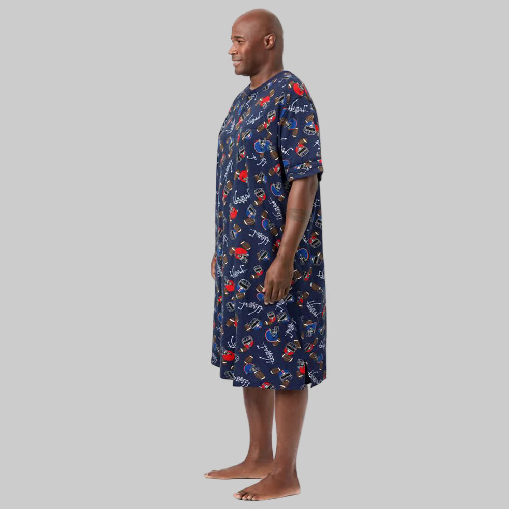 Navy Football Short-Sleeve Jersey Henley Nightshirt with contrast collar, stripes, and chest pocket.