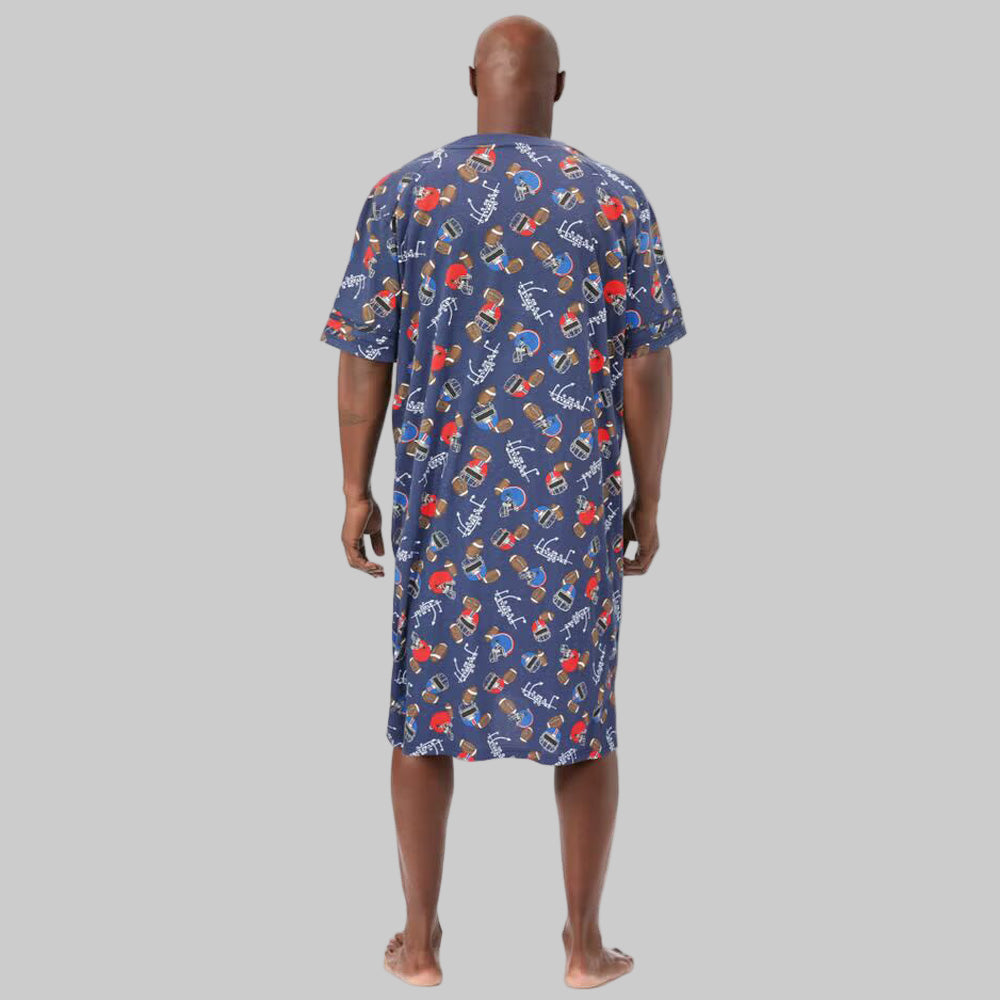Navy Football Short-Sleeve Jersey Henley Nightshirt with contrast collar, stripes, and chest pocket.