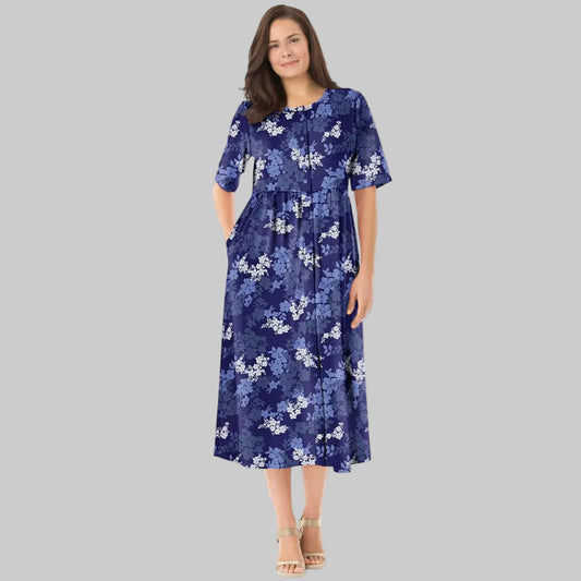 Plus-size woman wearing Navy Graphic Bloom Button Front Essential Dress with elbow sleeves