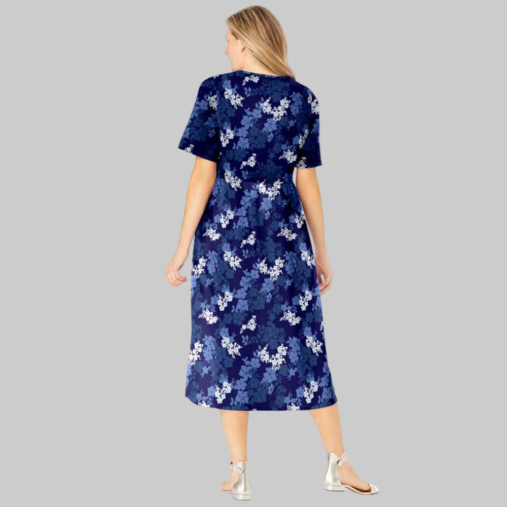 Plus-size woman wearing Navy Graphic Bloom Button Front Essential Dress with elbow sleeves