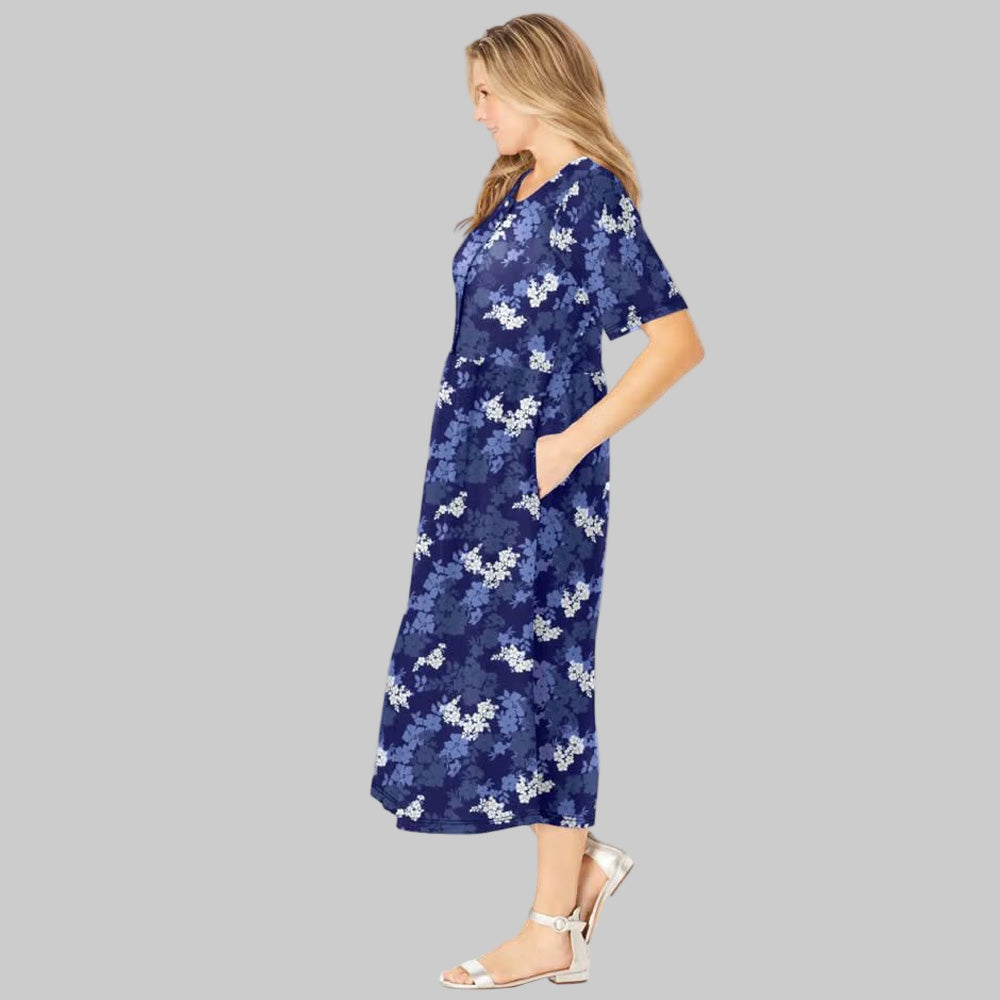 Plus-size woman wearing Navy Graphic Bloom Button Front Essential Dress with elbow sleeves