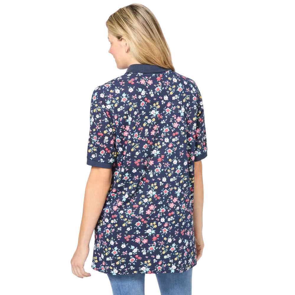Navy Short Sleeve Polo Tunic with Graphic Floral Bloom Print