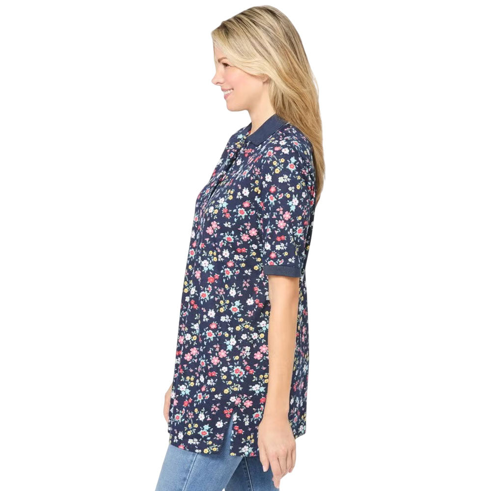 Navy Short Sleeve Polo Tunic with Graphic Floral Bloom Print