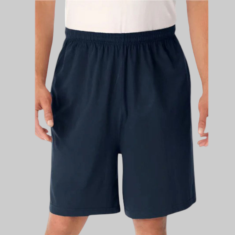 Navy lightweight jersey shorts with elastic waistband, drawstring, and side pockets for big and tall men.