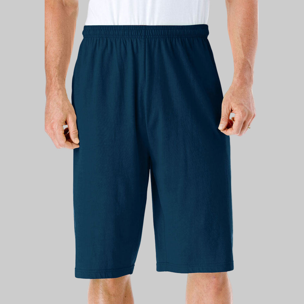 A pair of Navy Lightweight Jersey Big Size Long Length Shorts with breathable fabric, an elastic waistband, and a relaxed fit for ultimate comfort.