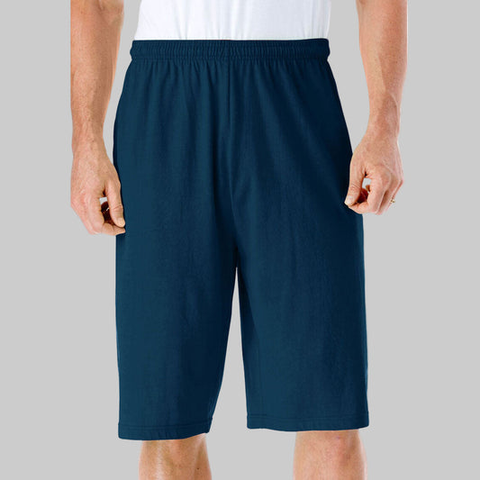 A pair of Navy Lightweight Jersey Big Size Long Length Shorts with breathable fabric, an elastic waistband, and a relaxed fit for ultimate comfort.