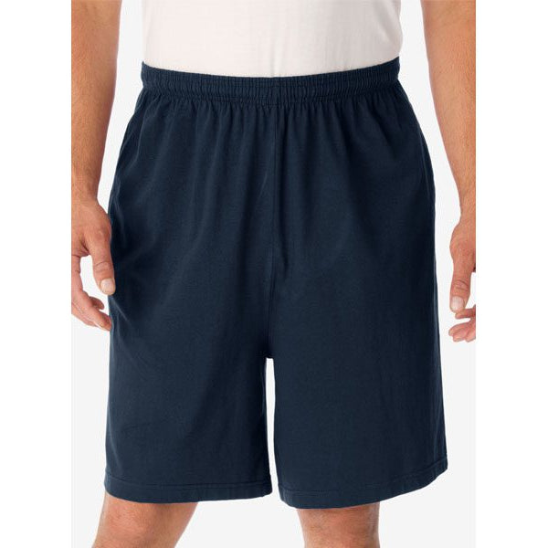 Navy lightweight jersey shorts with elastic waistband, drawstring, and side pockets for big and tall men.