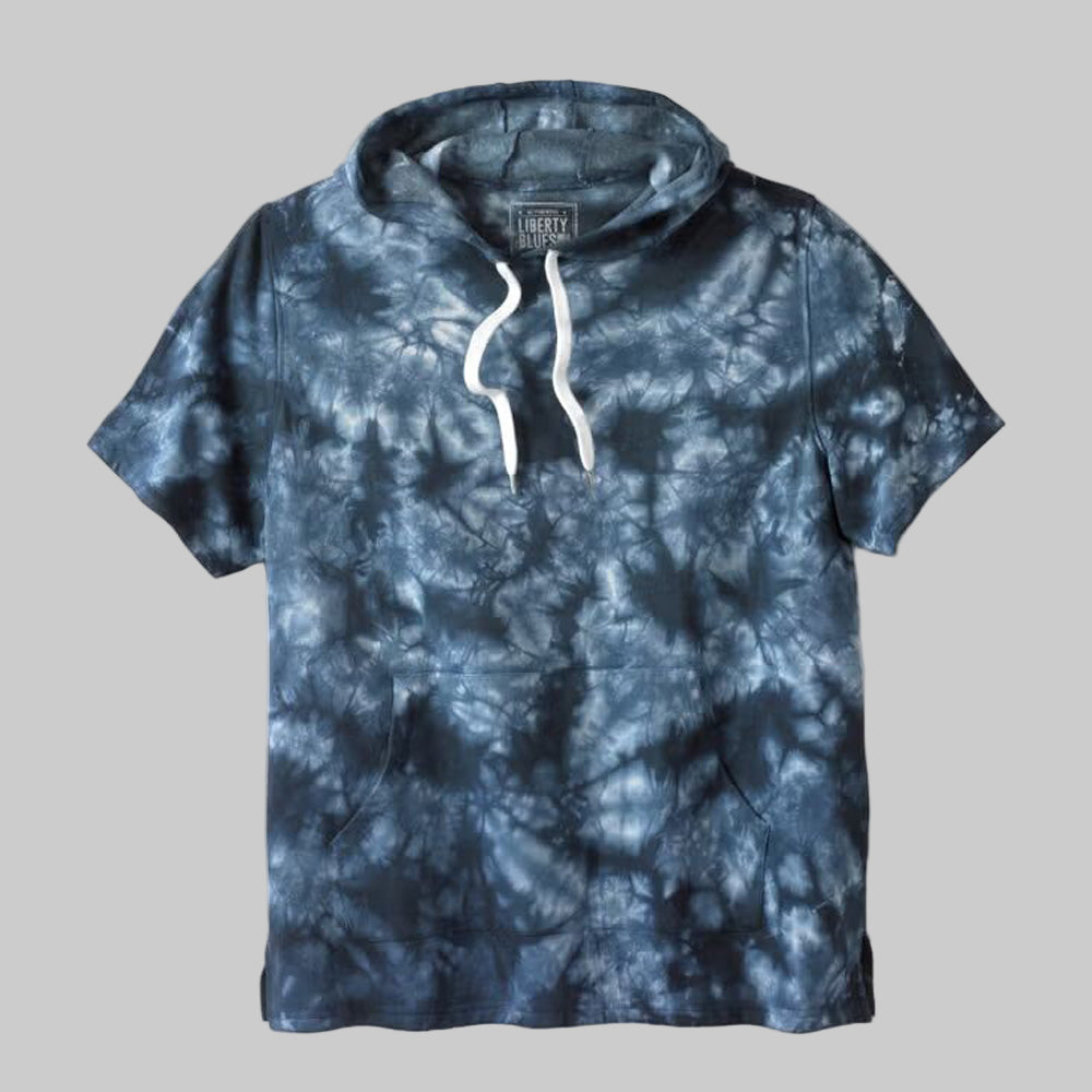 Navy marble short-sleeve hoodie with drawstring hood, kangaroo pocket and side vents.