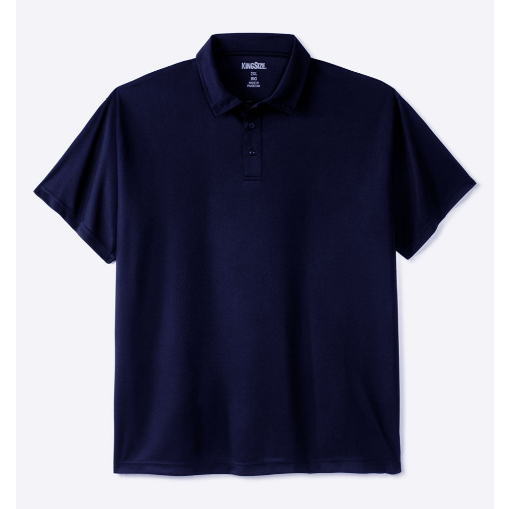 Plus-size men’s moisture-wicking polo shirt with three-button placket and relaxed fit, designed for comfort during active or casual wear.