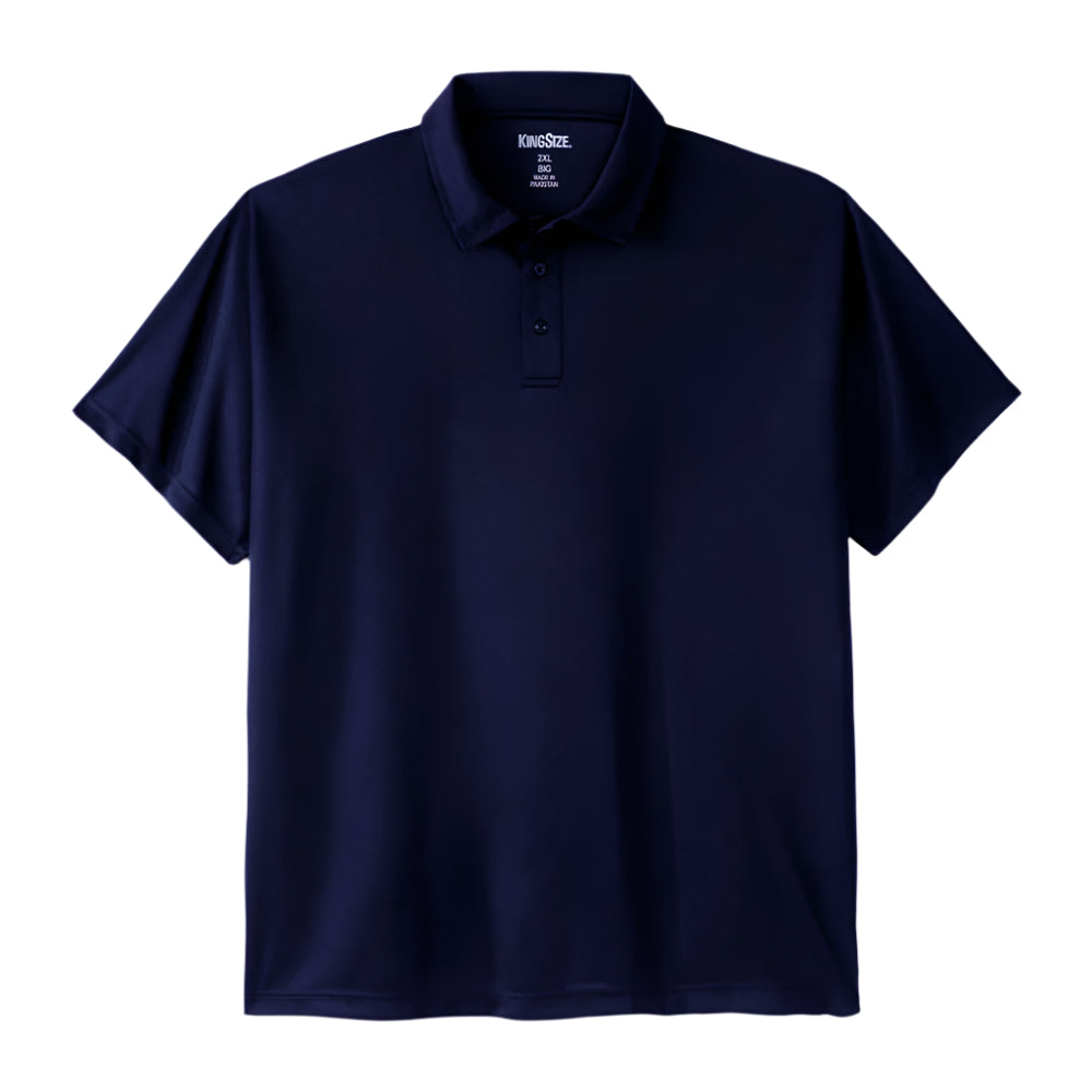 Navy mesh moisture-wicking polo shirt with ribbed cuffs and relaxed fit