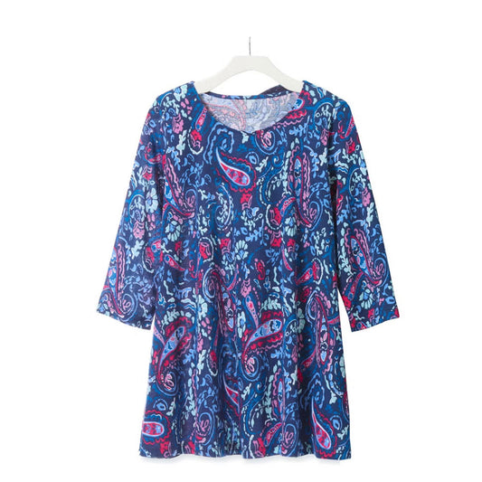 Navy multi-color paisley swing tunic with three-quarter sleeves and side pockets – relaxed plus-size fit, front view