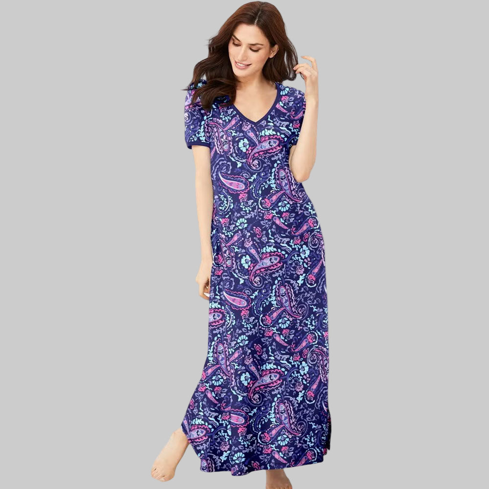 Plus size model wearing Navy Paisley Long T-Shirt Lounger