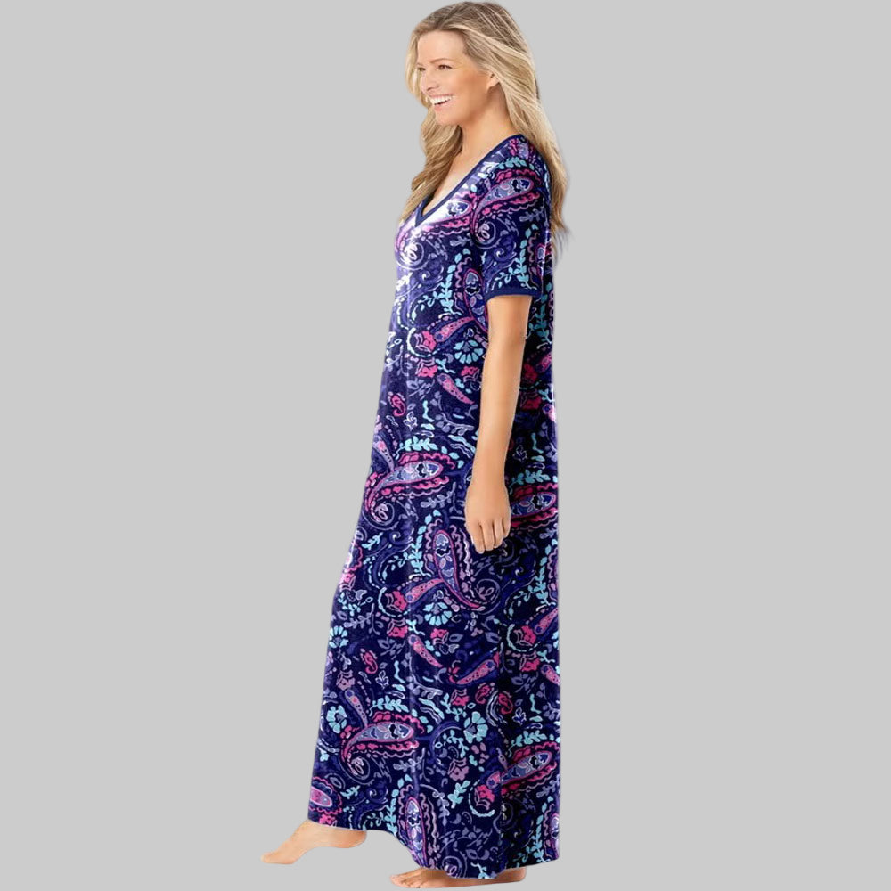 Plus size model wearing Navy Paisley Long T-Shirt Lounger