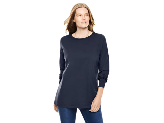 Plus-size model wearing Navy Long-Sleeve Crewneck Tee