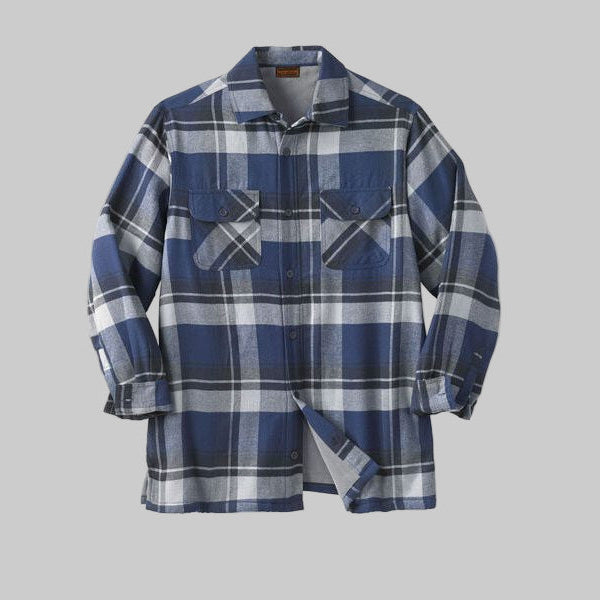 Navy plaid fleece-lined flannel shirt jacket for men with button front, chest pockets, and side pockets, displayed on a plain background.