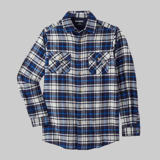 Navy plaid flannel shirt with chest pockets in Big & Tall sizing, soft cotton fabric