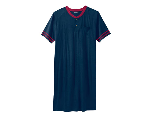 Navy blue short sleeve henley nightshirt laid flat showing button placket and relaxed fit
