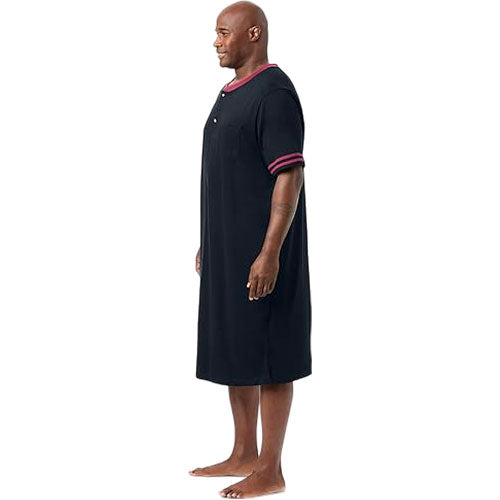 Navy blue short sleeve henley nightshirt laid flat showing button placket and relaxed fit