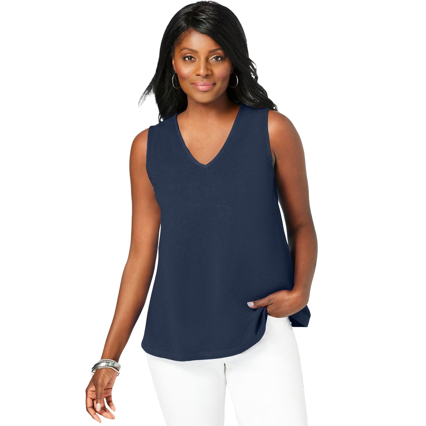 Plus size navy v-neck trapeze tank top for women – soft stretch cotton sleeveless style