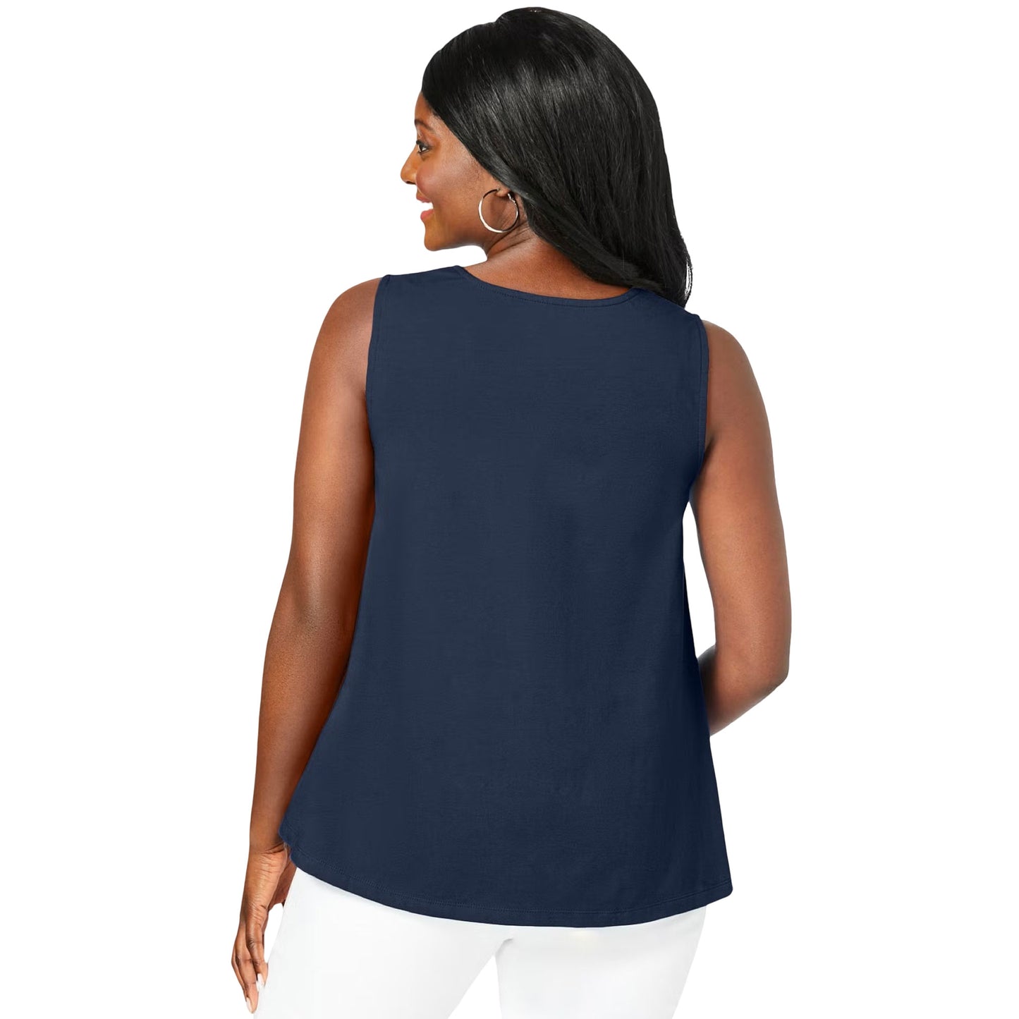 Plus size navy v-neck trapeze tank top for women – soft stretch cotton sleeveless style