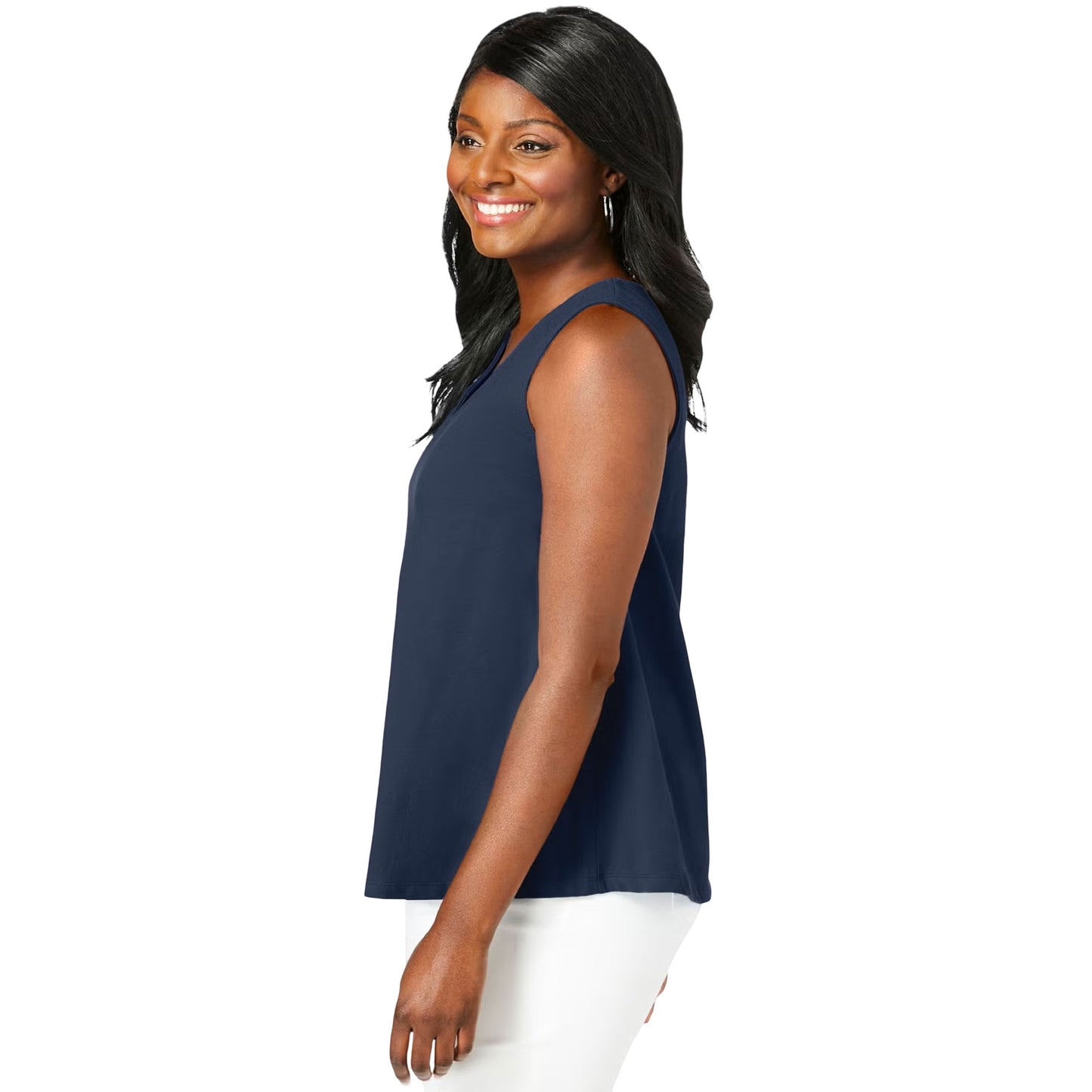 Plus size navy v-neck trapeze tank top for women – soft stretch cotton sleeveless style
